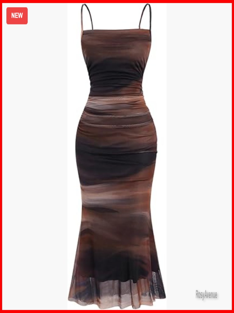 Tie Dye Ruched Bodycon Maxi Dress Spaghetti Strap Sleeveless Cocktail Party